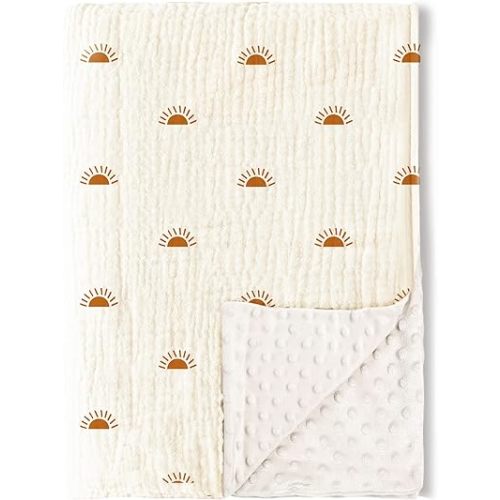 Konssy Baby Blankets for Unisex Boys Girls, Super Soft Nursery Minky Blankets with Muslin Cotton Front and Dotted Fleece Backing, Printed Bed Throws Newborn - Sun