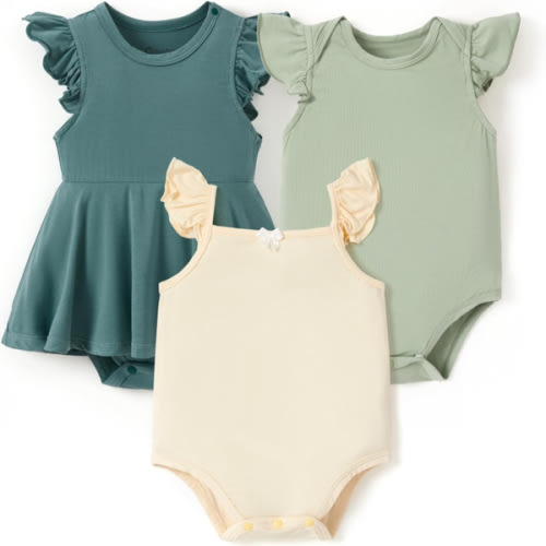PATPAT Baby Girl Bodysuits - Soft Bamboo Viscose - Flutter Sleeves Cute Dress - Newborn Infant Summer Clothes - 3 Pack