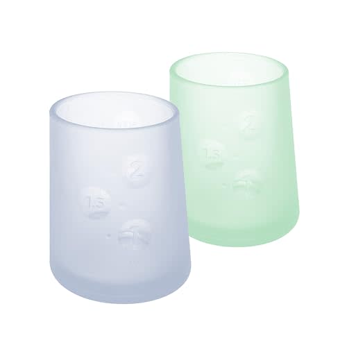 Olababy First Cup | Clear Sense 100% Silicone Infant Trainer Cup | 2oz Medicine Cup for Newborn | Non-Slip & Sloping Design for Tiny Hands & Baby Led Weaning (Blueberry/Mint, 2 Cups)