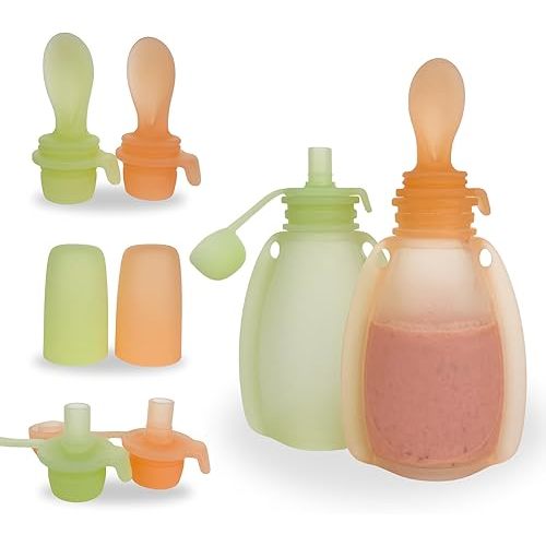 Toddler Reusable Silicone Food Pouches with Infant Spoon Feeder Attachment, 2 Pack, Squeeze Pouches for Kids, Refillable Pouches for Applesauce Yogurt and Purees, Baby Food Feeder
