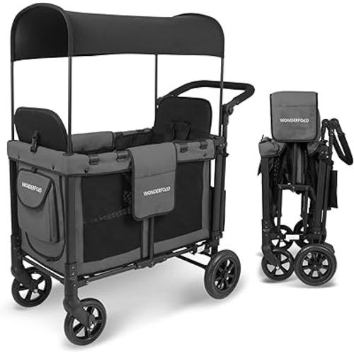 WONDERFOLD W2 Original+ Stroller Wagon (2 Seater) - Collapsible Wagon Stroller with Seats with 5-Point Harnesses, Easy-Access Door, and Adjustable Sun Canopy, Charcoal Gray