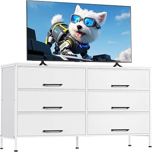 WLIVE White TV Stand for 60, 65, 70 inch TV, Large Entertainment Center with 6 Fabric Drawer, TV Media Console Table with Wood Top, Adjustable Feet for Living Room,