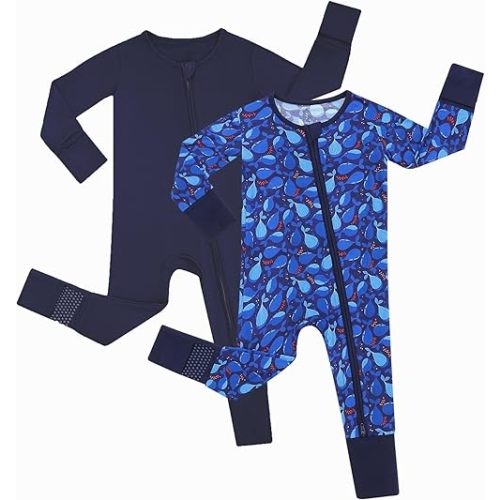 JunNeng 2Pcs Baby Rayon from Bamboo Sleeper with Mitten Cuffs, Footless Zipper Cozy Pjs, Non-Slip Soles Romper
