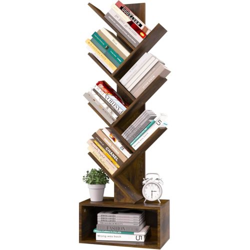 Yoobure Tree Bookshelf - 6 Shelf Retro Floor Standing Bookcase, Tall Wood Book Storage Rack for CDs/Movies/Books, Utility Organizer Shelves Bedroom, Living Room, Home Office, Rustic Brown