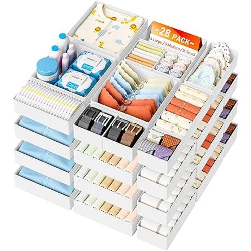 DIMJ Drawer Organizer Clothes 28 Pack - Foldable Baby Organizers and Storage & Closet Organizers for Bedroom, Closet - Nursery Organization Dresser Dividers for underwear, Sock,Bra, Belt, Tie,White
