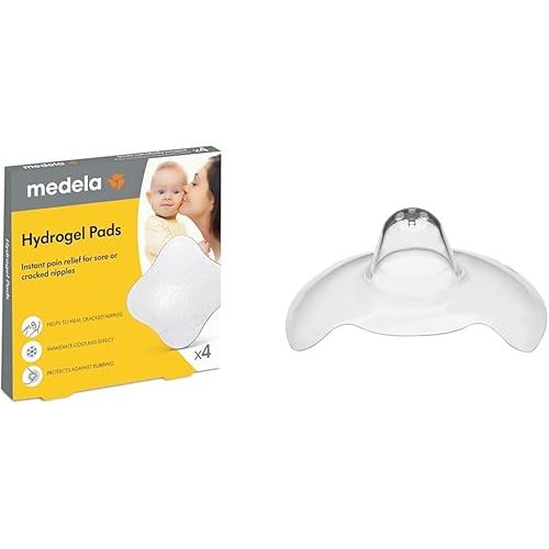 Medela Hydrogel Pads for Sore Nipples & 24mm Medium Contact Nipple Shield for Breastfeeding Latch Difficulties