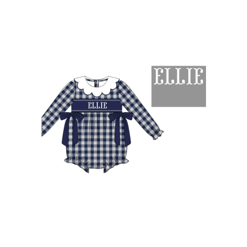 Pre-Order Hand Smocked Custom Name Navy Linen Gingham Scalloped Bubble