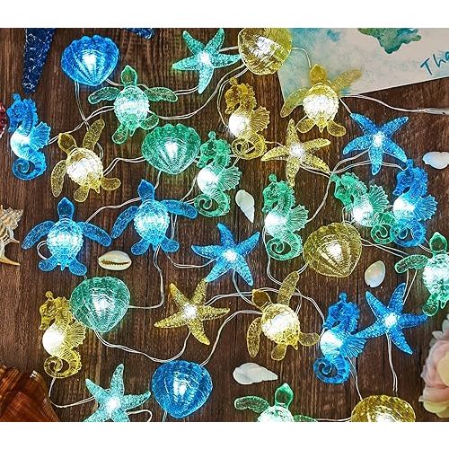 Ocean Themed String Lights Marine Life Night Light Beach Décor Sea Turtle Seahorse Starfish Clam Decorative Lights Battery Operated USB Plug in 30LED 10ft Christmas Tree Ornaments Holiday Bedroom