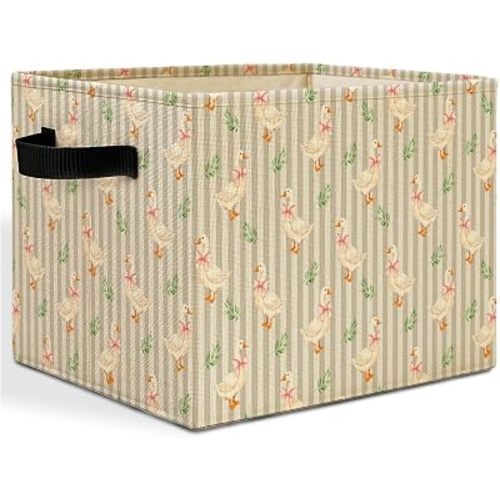Coquette Pink Bow Goose Storage Bins Box with Handles, Green Botanical Goose Striped Laundry Basket Hamper Collapsible Clothes Toys Organizer for Nursery Girls Bedroom Bathroom