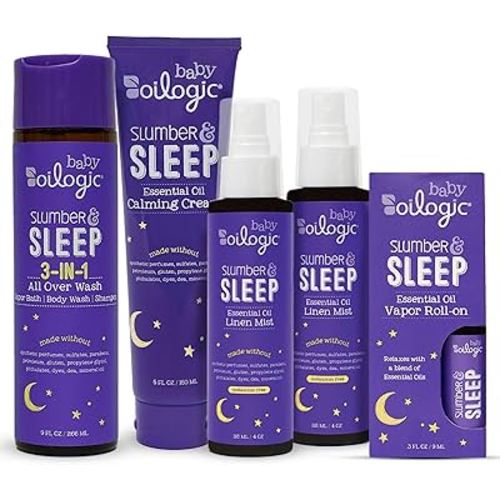 Oilogic Slumber & Sleep Bath Baby Essentials Gift Set - Includes All Over Wash, Calming Cream, Sleep Spray & Roll-On Essential Oils - Pediatrician-Tested Sleep, Comfort & Wellness Blends for Babies