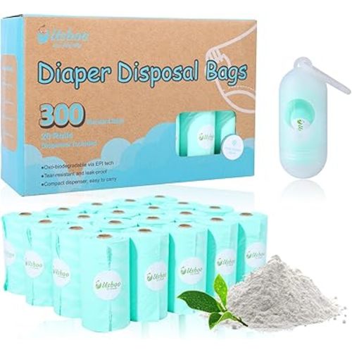 Diaper Bags Disposable for Baby - 20 Refill Rolls (300 Pack) Diaper Trash Bags with Dispenser, Diaper Bag Accessory, Fresh Powder Scent