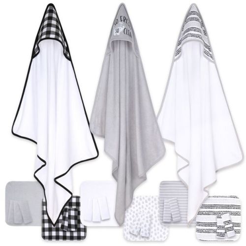 The Peanutshell Baby Hooded Towels And Washcloths Bath Set, 23-piece, So Fresh, Black/white/gray/plaid