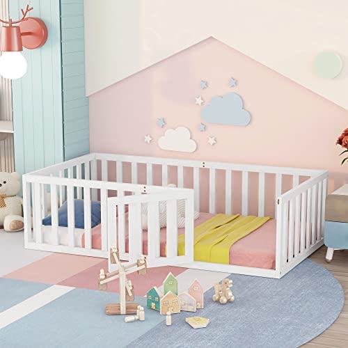 NCKMYB Twin Size Kids Floor Bed with Fence, Wooden Playpen Bed with Door, Fence-Shaped Guardrails, Kids Play Fence Bed, Easy Assembly (White)