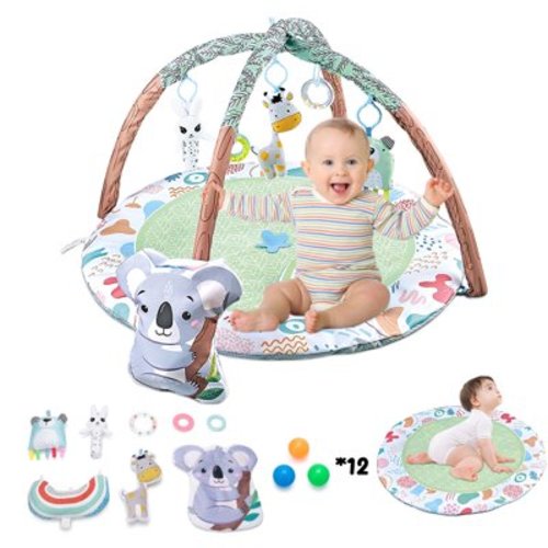 YYW 4-in-1 Baby Play Mat with Koala Bag,Pillow,3 Detachable Dolls,12-Toy-Ball,Activity Gym Mat,Green