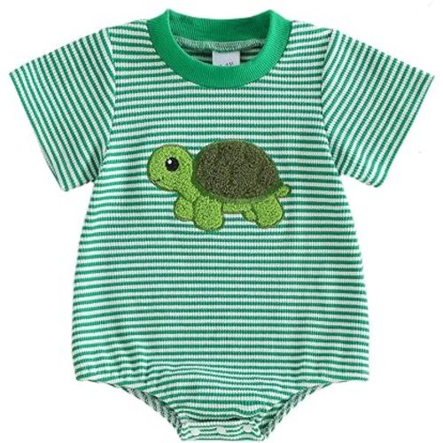 Newborn Boy Turtle Romper Short Sleeve Waffle Striped Shark Bodysuit Summer Clothes Infant Baby Sea Animal Outfit
