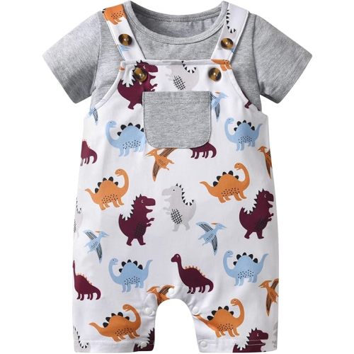 Infant Baby Boy Summer Clothes Short Sleeve Solid Color T-Shirt Cartoon Dinosaur Print Suspender Shorts Outfit Set