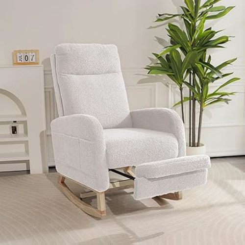 Rocking Chair Nursery with Foot Rest, Sherpa Nursing Rocking for Mom Nursery Rocker Chair with High Backrest, Armchair Rocker Glider with Side Pocket for Living Room, Bedroom, Teddy White