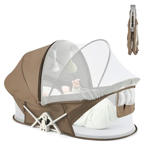ISELECTOR Portable Baby Bassinet for Baby Travel, Baby Cribs Travel Pod for Outdoors Baby Lounger Infant Travel Bed with Mosquito Net and Sunshade Canopy, Lightweight Washable (Brown)
