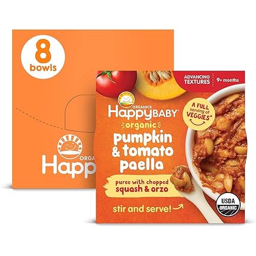Happy Baby Organics Baby Food, Advancing Textures Bowl Pumpkin & Tomato Paella Puree with Chopped Squash & Orzo, 4 Oz (Pack of 8)