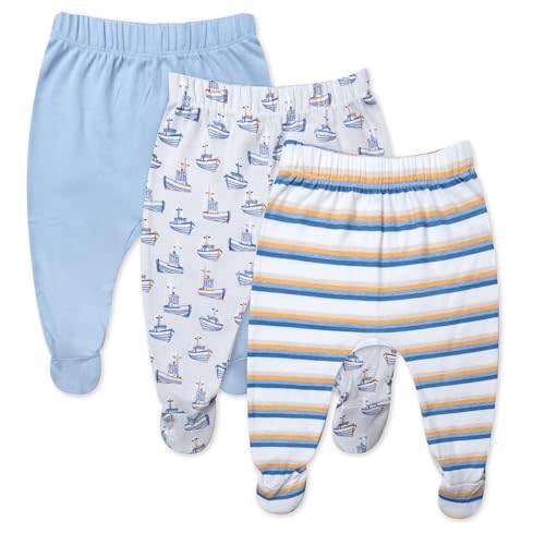 HonestBaby 3-pack Footed Pants Roomy Fit Pull on Bottoms 100% Organic Cotton for Infant Baby Boys, Girls, Unisex
