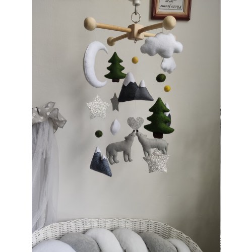 Wolf nursery mobile, Woodland mobile, Mountains baby mobile, Baby boy mobile, Forest mobile animals