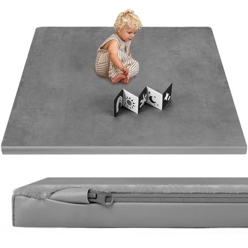 Baby Play Mat, Leather & Velvet with Baby Book, Double-Sided/Reversible, 50x50 Playpen Mat, 1.3" Thick Non-Toxic Cushioned, Waterproof Soft Crawling for Infants and Toddlers, Grey