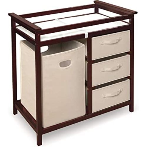 Badger Basket Modern Baby Changing Table with Laundry Hamper, 3 Storage Drawers and Pad, Diaper Change Station - Cherry/Ecru