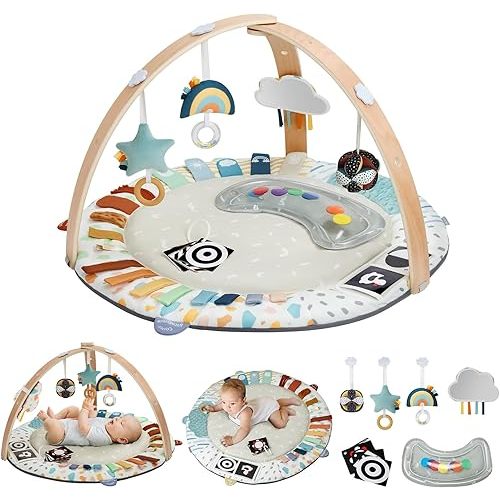 Blissful Diary Baby Play Gym, 5 Developmental Zones Wooden Tummy Time Activity Mat w 6 Detachable Sensory Toys for Motor Skills & Sensory Development, Newborn Essentials Baby Must Have