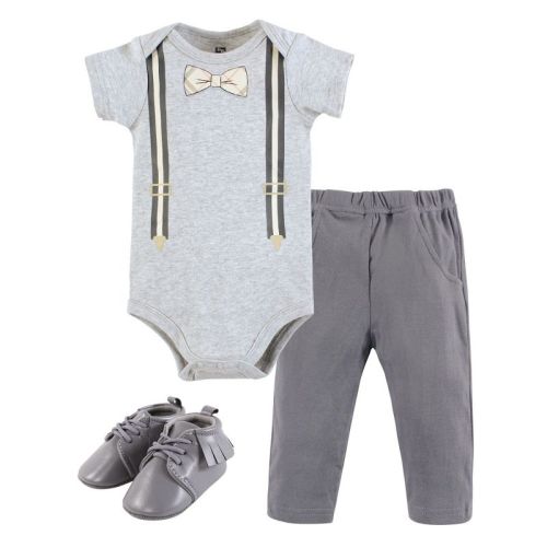 Hudson Baby Infant Boy Cotton Bodysuit, Pant and Shoe Set, Plaid Bow Tie, 0-3 Months