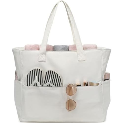 LEDAOU Large Beach Tote Bag Women Waterproof Sandproof Zipper Beach Tote Bag for Pool Gym Grocery Travel with Wet Pocket