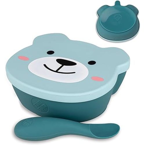 TUM TUM Suction Bowls for Babies and Toddlers - Silicone Bowls with Lid and Spoon 6+ Months - Boris Bear - Blue