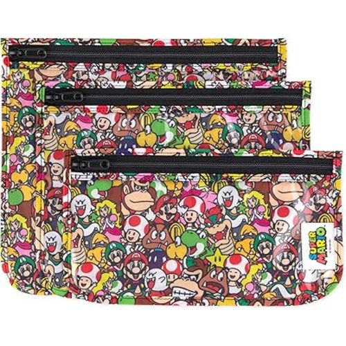 Bumkins Travel Bag, Toiletry, TSA Approved Pouch, Zip Bag, Quart Size Airline Compliant, Clear-Sided, Baby, Diaper Bag Organization, Makeup, Accessories, Packing, Set of 3 Sizes, Nintendo Super Mario