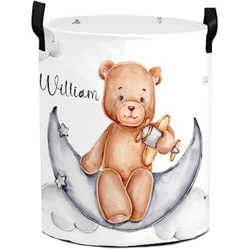 Teddy Bear Sits on Moon Personalized Waterproof Foldable Laundry Basket Bag with Handle, Custom Collapsible Clothes Hamper Storage Bin for Toys Laundry Dorm Travel Bathroom