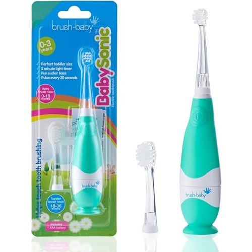 brush-baby BabySonic Infant and Toddler Electric Toothbrush for Ages 0-3 Years - Smart LED Timer and Gentle Vibration Provide a Fun Brushing Experience - includes 2 Sensitive Brush Heads (Teal)