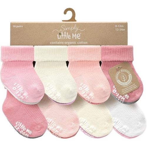 Little Me Baby Socks 16 Pairs | 61% Organic Cotton | Sizes 0-12M & 12-24M | Seamless Toe & Anti-Slip Gripper Sole