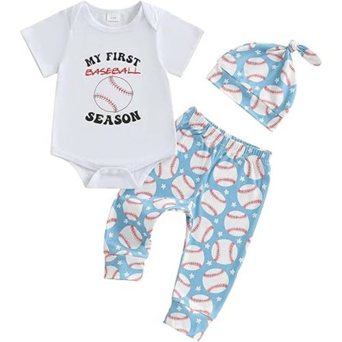 My First Baseball Season Baby Boy Outfit Newborn Letter Print Short Sleeve Romper Baseball Pants Hat 3Pcs Outfits Set
