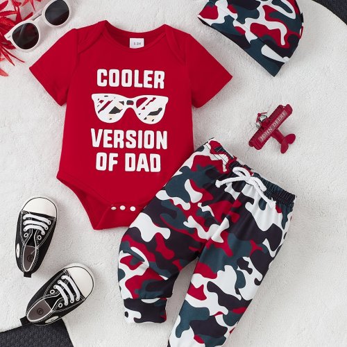 2pcs Baby Boy Outfit Set, Casual Cartoon Print Short Sleeve Bodysuit with Applique & Camouflage Pants Hat, Medium Stretch Knit Fabric, Polyester & Spandex Blend, Regular Fit for Fall/Winter, for Outdoor