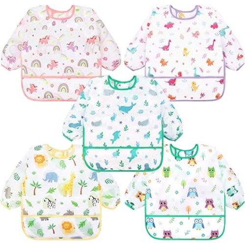 Accmor 5 Pack Long Sleeve Baby Bibs, Waterproof Sleeved Bib Smock for Baby Toddler 6-36 Months