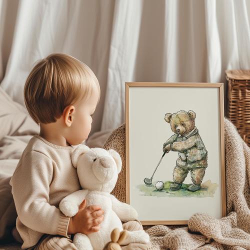 Boy golf nursery art, Vintage boy nursery, Teddy Bear Golf Print Nursery, Teddy Bear Art Kids Room, Green, Digital,Printable,Framed