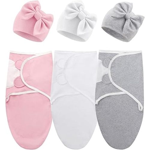 DRESHOW BQUBO 3 Pack Baby Swaddle Sleep Sacks Baby Swaddle Blanket Wrap Newborn Swaddle Sack with Big Bow Hat for Baby Boys Girls 6-12 Lbs Newborns & 0-3 Months Girls Boys