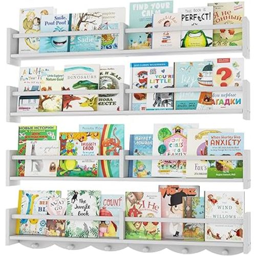 34Inch Nursery Bookshelves,Set of 4,Wall Floating Shelf Kids Coat Rack with 6Hooks,Hanging Book Shelf for Baby Nursery Room Décor ，Patent Number: 29958098(White, 34)
