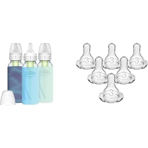 Dr. Brown's Natural Flow Anti-Colic Options+ Narrow Glass Baby Bottle, 8 oz/250 mL, with Silicone & Dr. Brown’s Natural Flow Level 3 Narrow Baby Bottle Silicone Nipple, Medium-Fast Flow, 6m+, 100%