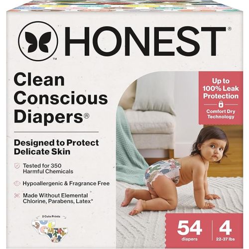 The Honest Company Clean Conscious Diapers for Sensitive Skin | Hypoallergenic, Fragrance Free | Gender Neutral Prints | Club Box, Size 4 (22-37 lbs), 54 Count