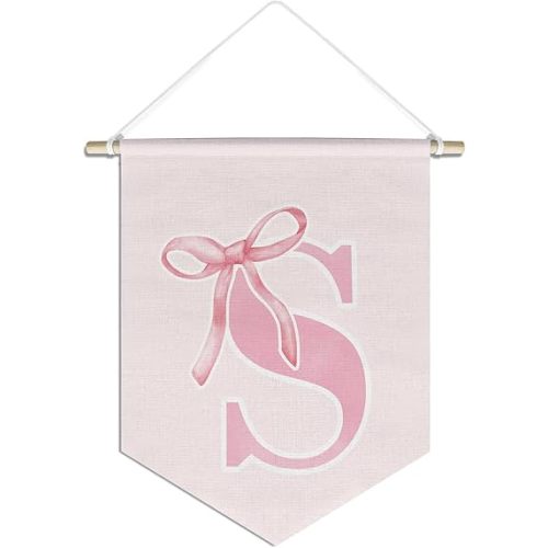 initial Personalized Preppy Canvas Hanging Pennant Flag Banner, Coquette Pink Bow Teen Girl Gifts,Trendy Cute Monogrammed Gifts Wall Decor for Women Teen Girl Nursery bedroom(S)