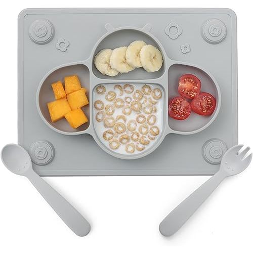 ROCCED Suction Plates for Baby Placemat Spoon Fork Set for Toddlers, Silicone Baby Plates with Suction Baby Dishes for Kids Plates-grey