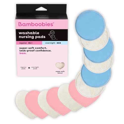 Bamboobies Nursing Pads, Ultra-Soft Velour, Reusable, Washable & Leak-Proof, 6 Ultra-Thin and 6 Overnight Pads for Breastfeeding