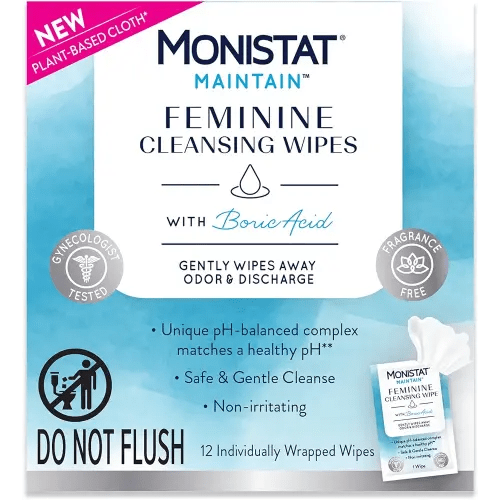 Monistat Maintain Feminine Wipes with Boric Acid for Feminine Care, Fragrance Free, 12 Ct