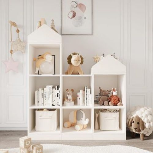 Toy Storage Organizer 7-Cubby Kids Bookshelf White Bookcase Toddlers Playhouse Cabinet Shelf for Boys Girls Wooden Cubby Storage Toy Shelf, Kids Room