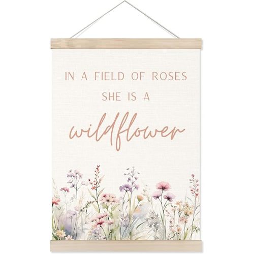 Welshower Boho Floral Girl Nursery Poster Hanger Frame, Wildflower Nursery Decor, in a Field of Roses She Is a Wildflower Wall Art Prints Decor for Baby Girls Room Bedroom Framed, 12x16 Inch