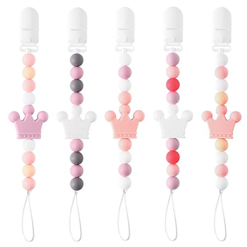 QIMGIC 5pcs Crown Pacifier Clip Teether, Cute Pacifier Holder Teethers for Girls, Teething Soothie Toy with Clips for Baby Shower Birthday Christmas New Year Keepsake Gift